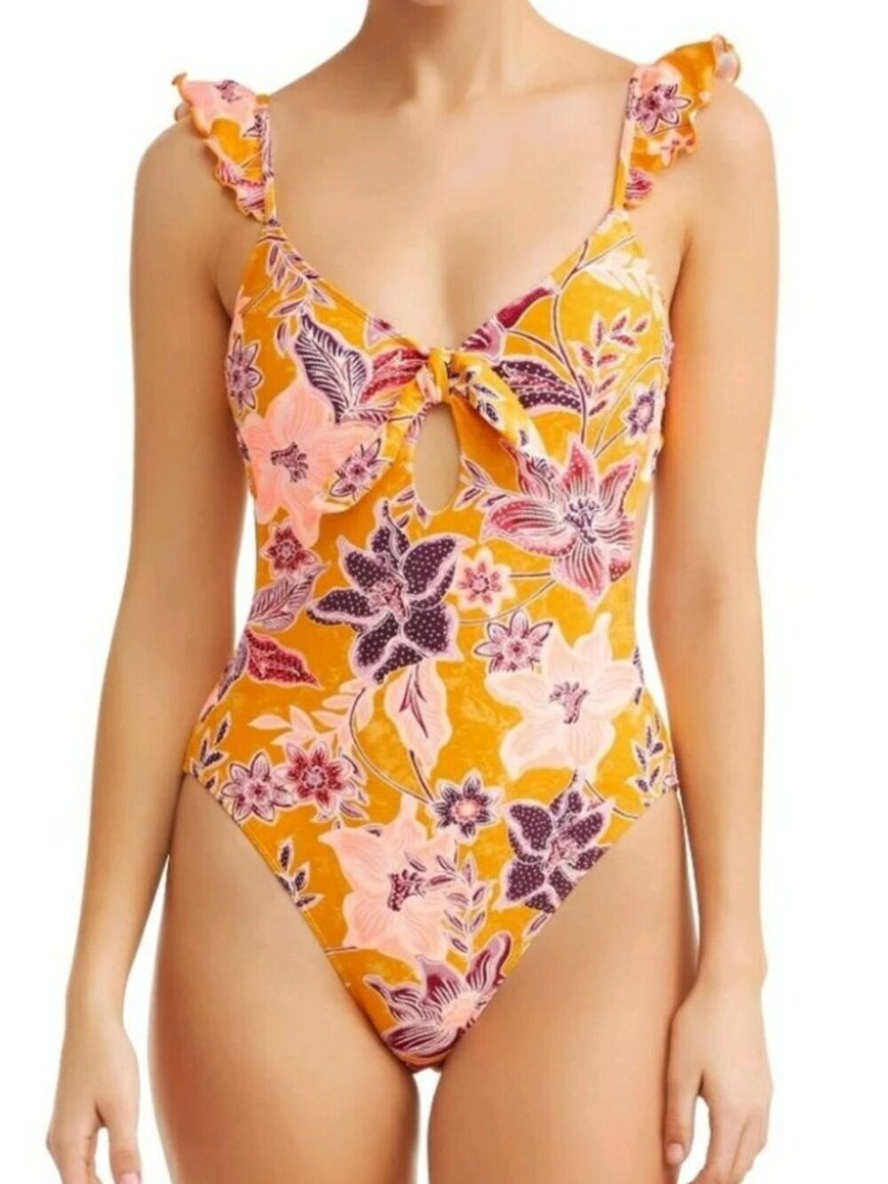 No Boundaries Yellow Floral Flutter Straps Women's One-Piece Swimsuit Large